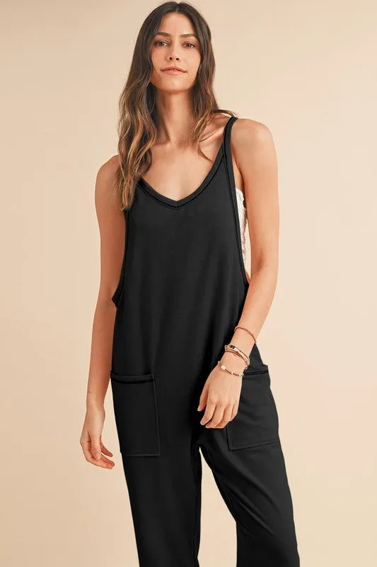 *Side Pockets Pants Sleeveless V Neck Jumpsuit