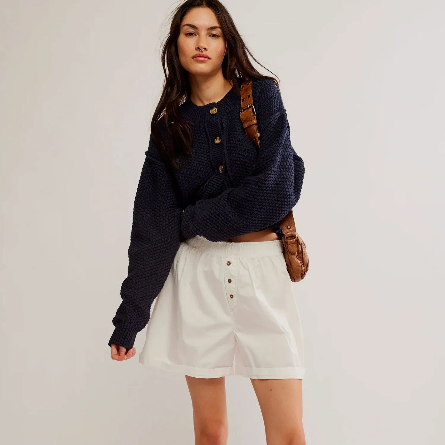 Simple Crew Neck Button Up Drop Shoulder Crop Oversized Knit Cardigan