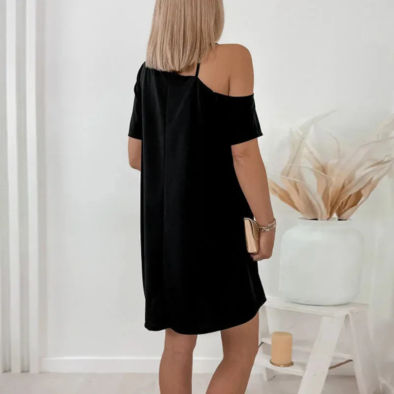 Skew Collar Mini Dress Elegant Pullover Dress Temperament Office Elegant Solid Dress