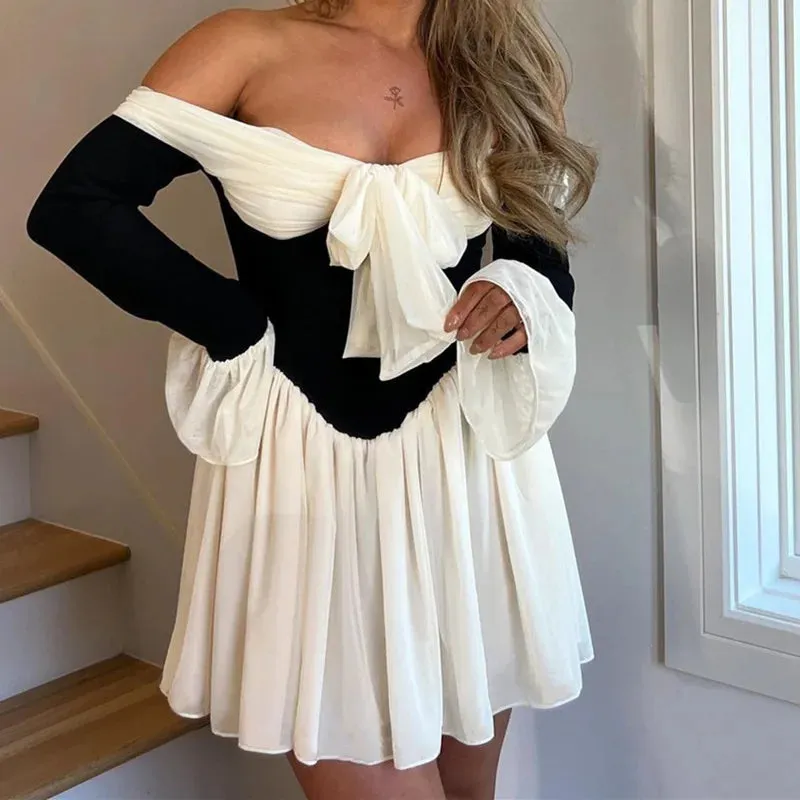 Sleeve 2024 Off Pleated Mini Short Elegant Mesh Shoulder Flare Sexy Autumn Bow Women Backless Dress