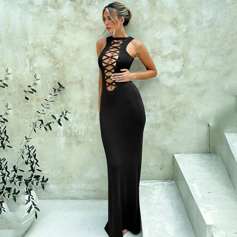 Slim Bodycon Bandage Hollow Out Party Elegant Long Vestidos Maxi Dress