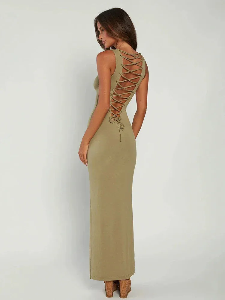 Slim Bodycon Bandage Hollow Out Party Elegant Long Vestidos Maxi Dress