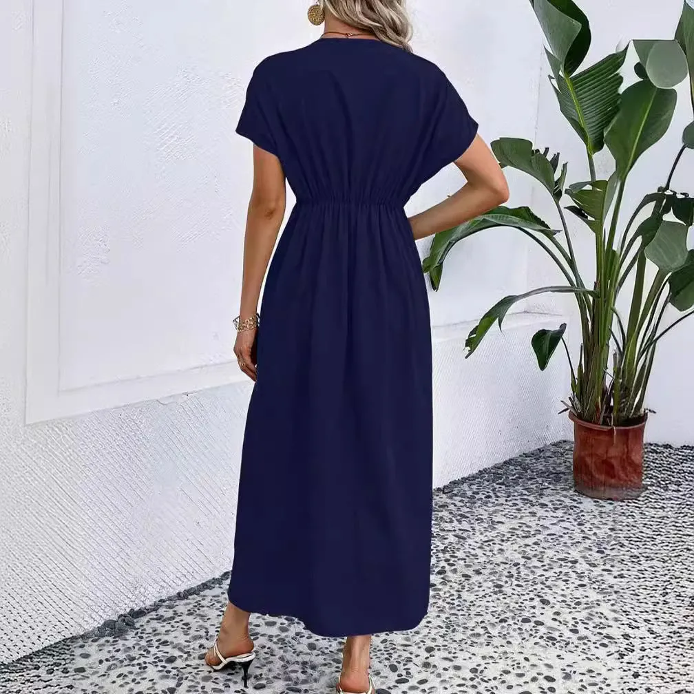 Solid Color Deep V Shoulder Sleeve Folding Elastic Waist Long Dress