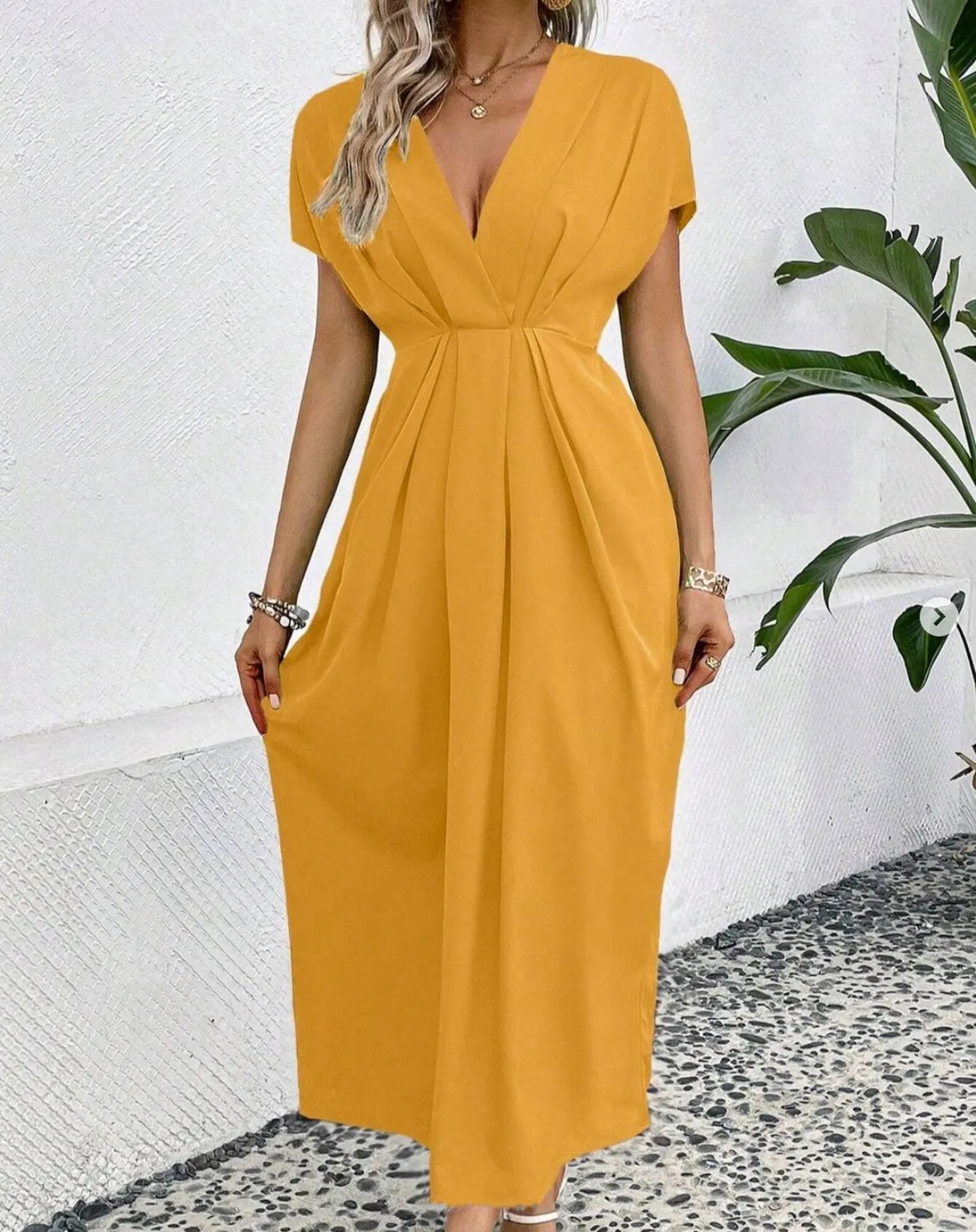 Solid Color Deep V Shoulder Sleeve Folding Elastic Waist Long Dress