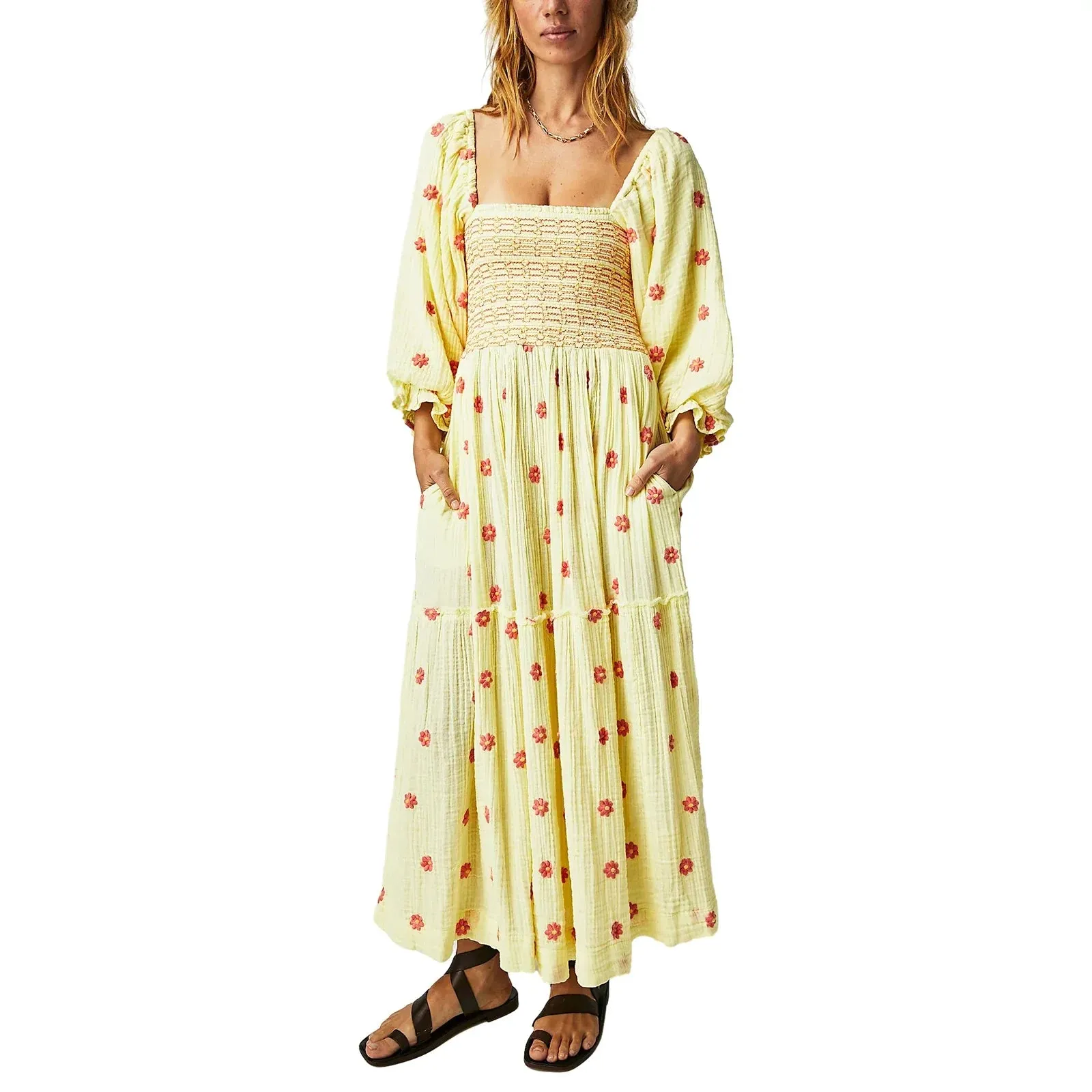 Spring Fall Flower Embroidered Square Neck Lantern Sleeve Tiered Flowy Party Beach Streetwear Maxi Elegant Dress