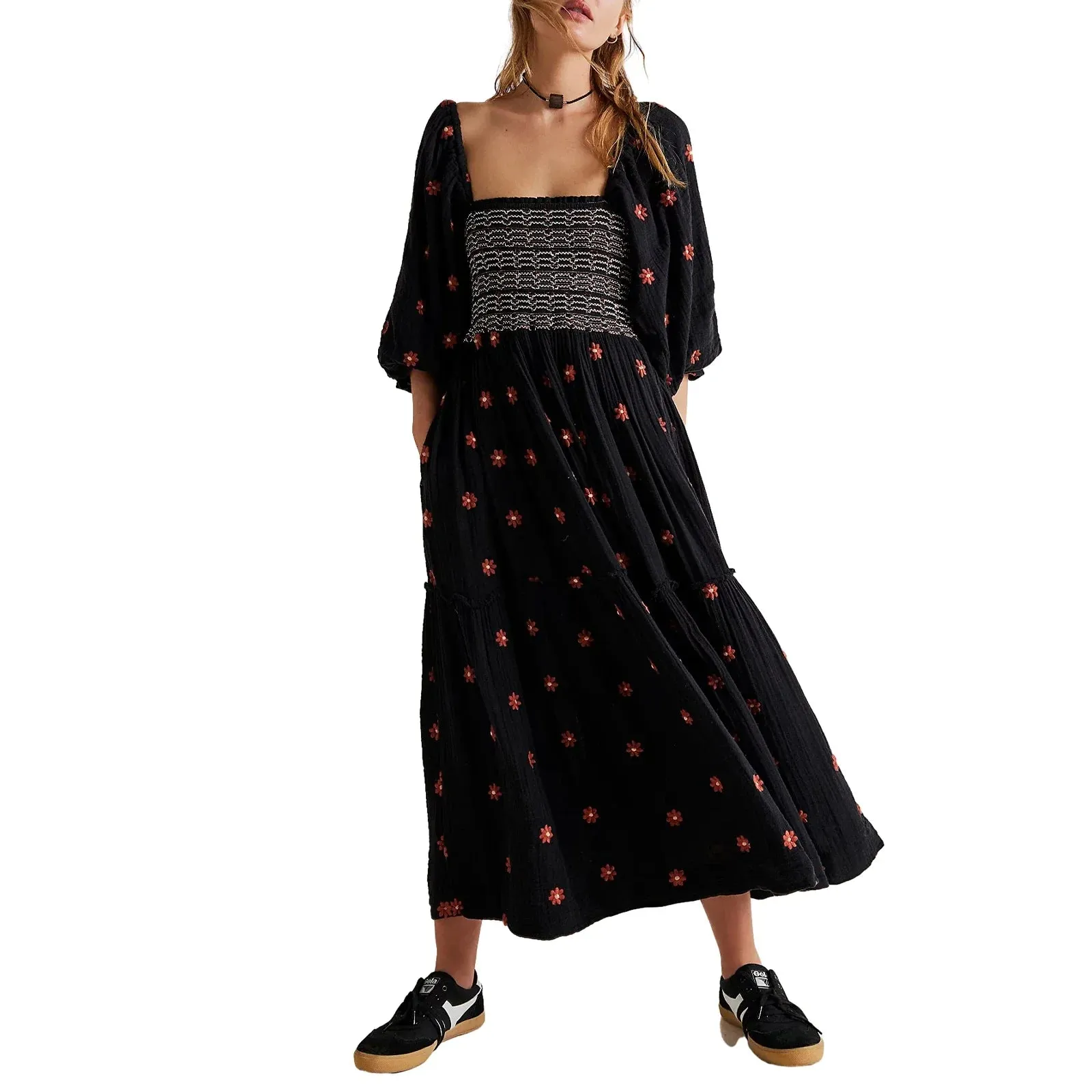 Spring Fall Flower Embroidered Square Neck Lantern Sleeve Tiered Flowy Party Beach Streetwear Maxi Elegant Dress