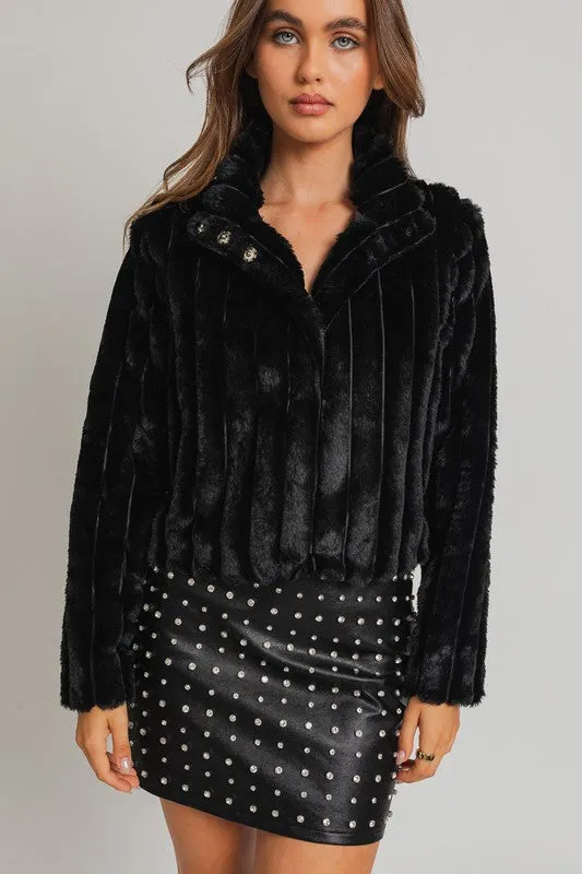 Stepping Out Crop Faux Fur Jacket - Black