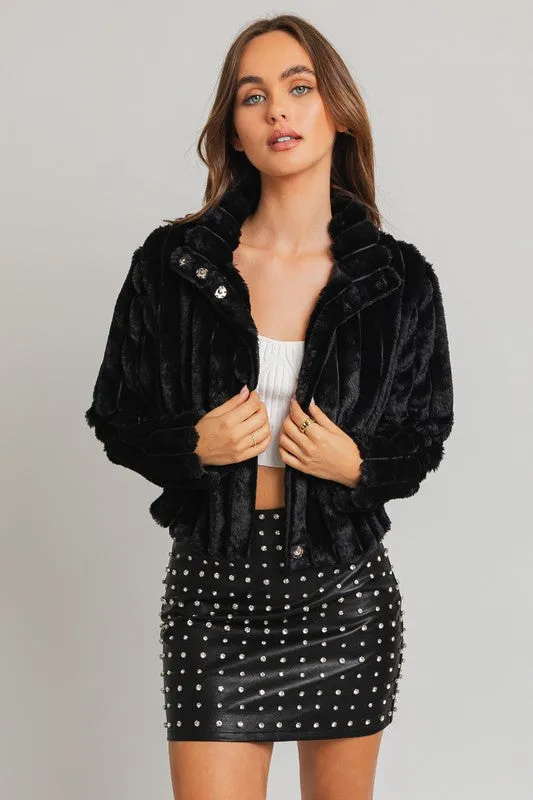 Stepping Out Crop Faux Fur Jacket - Black