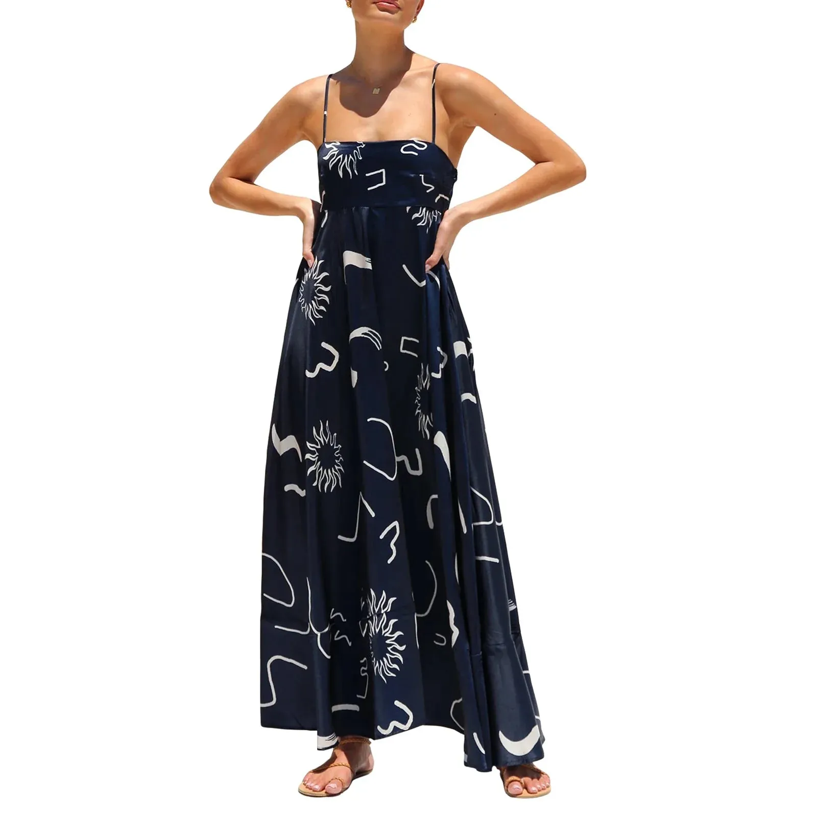 Straps Sun Flower Print Swing Summer Elegant Long Dress Fashion 2024 Casual Spaghetti Dress