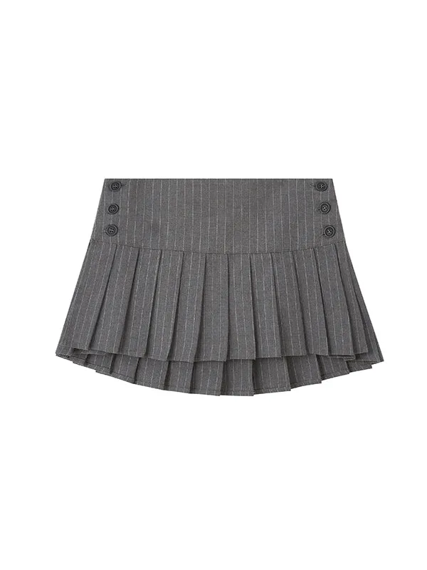 Striped and Plaid Adjustable Pleated Skirt