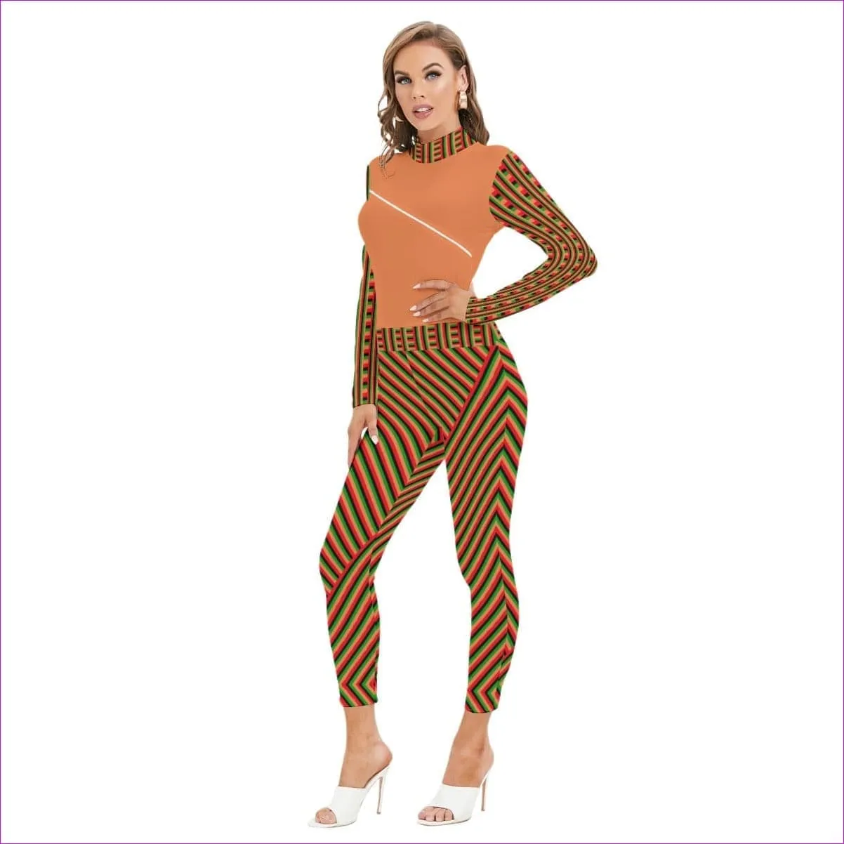 Striped Galore Orange Women's Long-sleeved High-neck Jumpsuit With Zipper