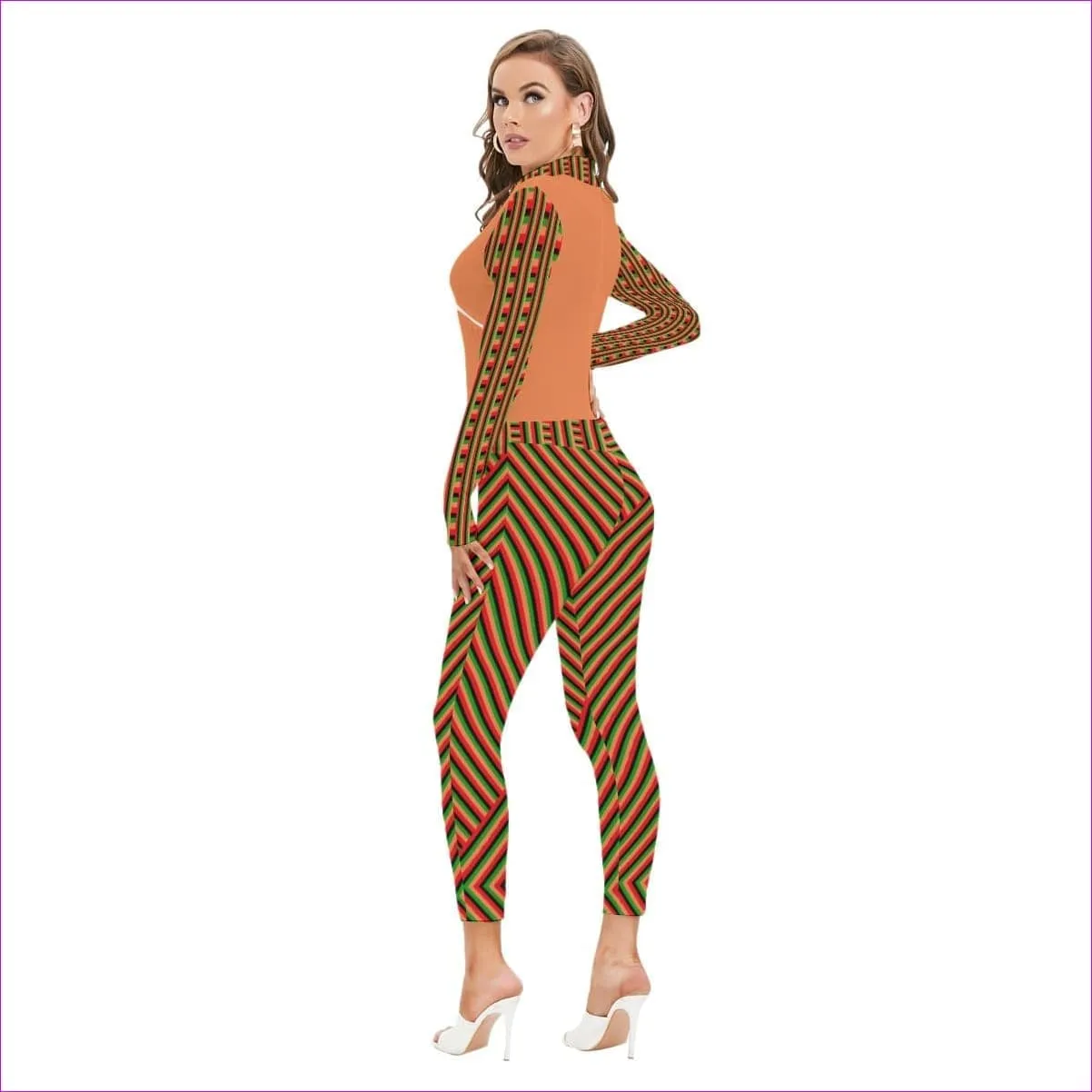 Striped Galore Orange Women's Long-sleeved High-neck Jumpsuit With Zipper