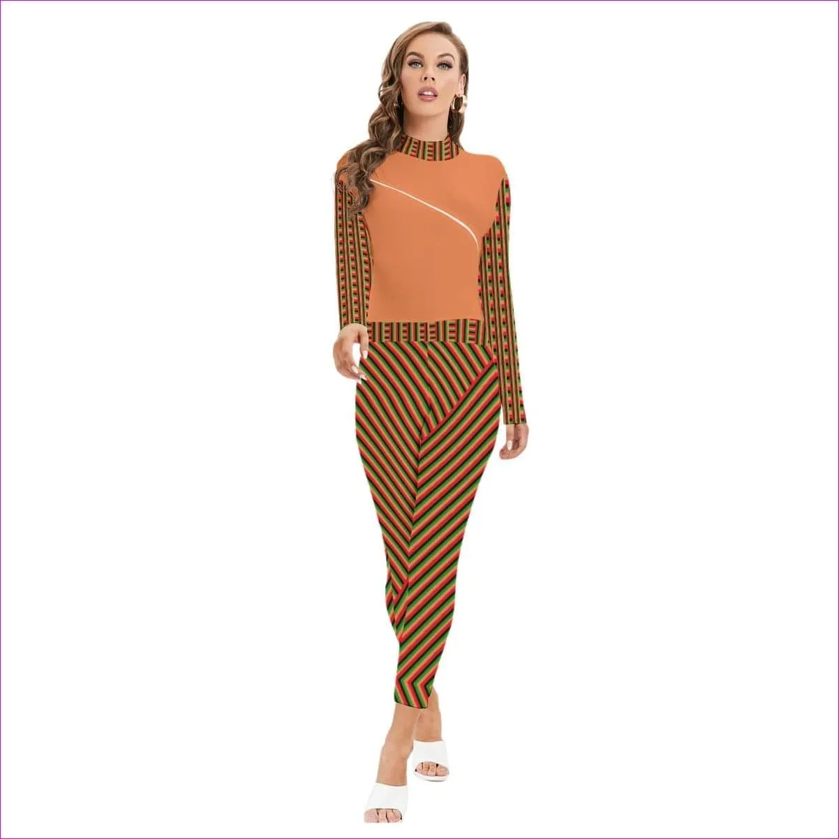 Striped Galore Orange Women's Long-sleeved High-neck Jumpsuit With Zipper