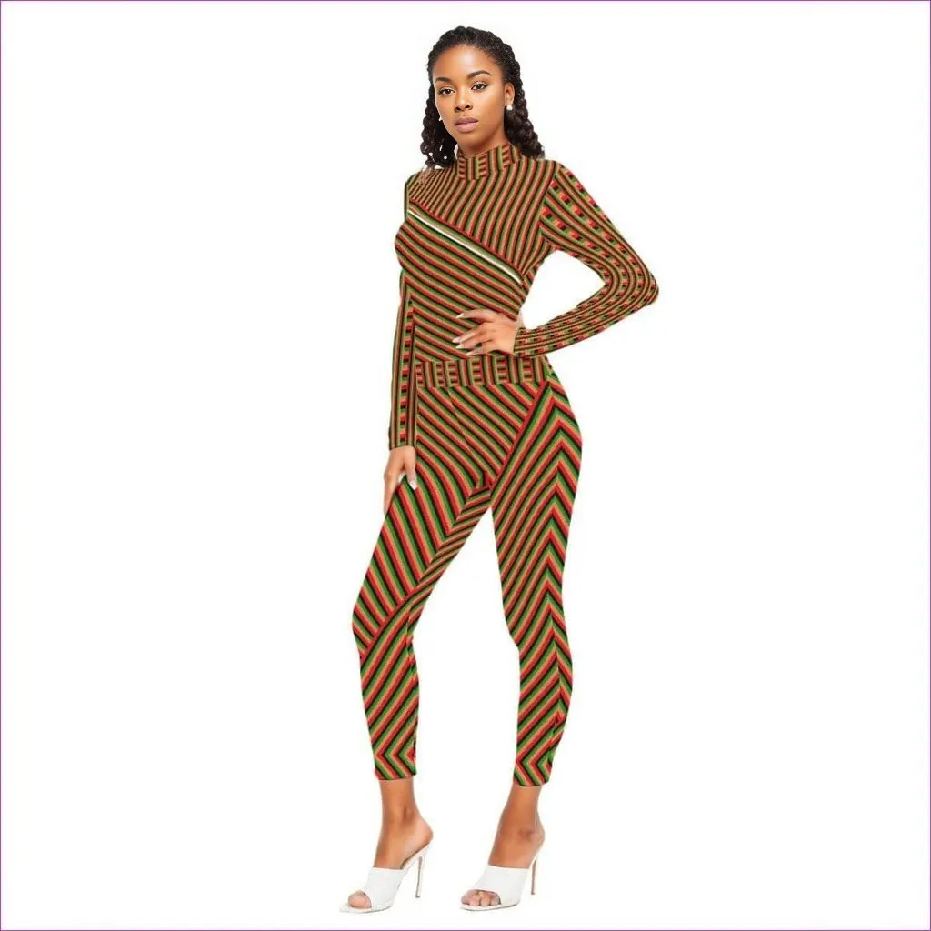 Striped Galore Women's Long-sleeved High-neck Jumpsuit With Zipper