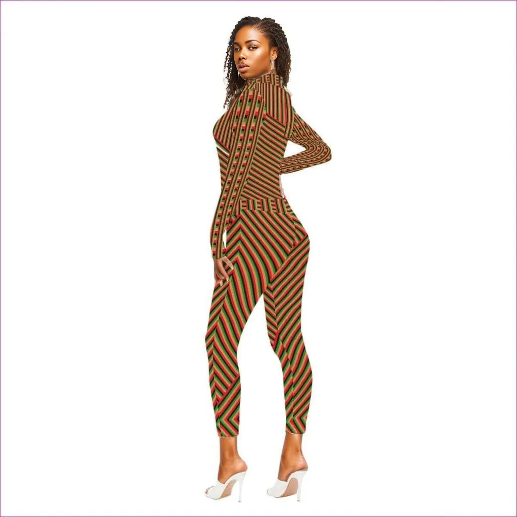 Striped Galore Women's Long-sleeved High-neck Jumpsuit With Zipper