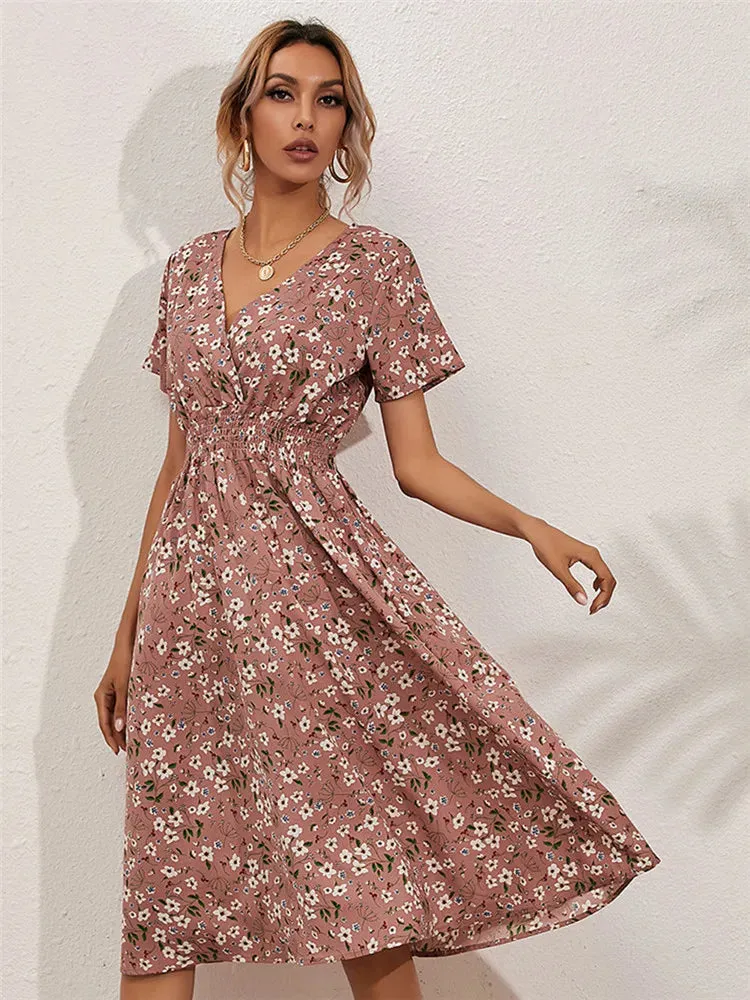 Summer 2024 Women's Floral Midi Dress - Long/Short Sleeve Elegant Chic Holiday Clothing