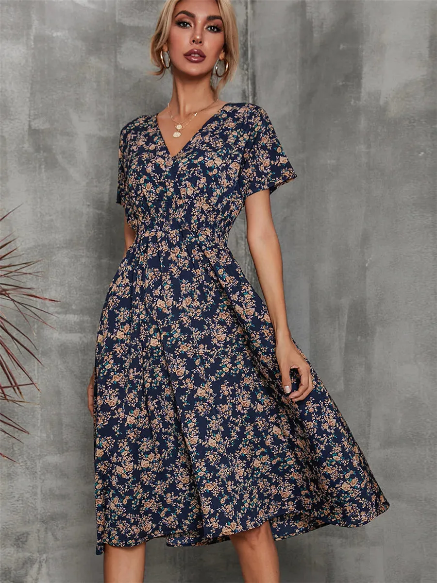 Summer 2024 Women's Floral Midi Dress - Long/Short Sleeve Elegant Chic Holiday Clothing