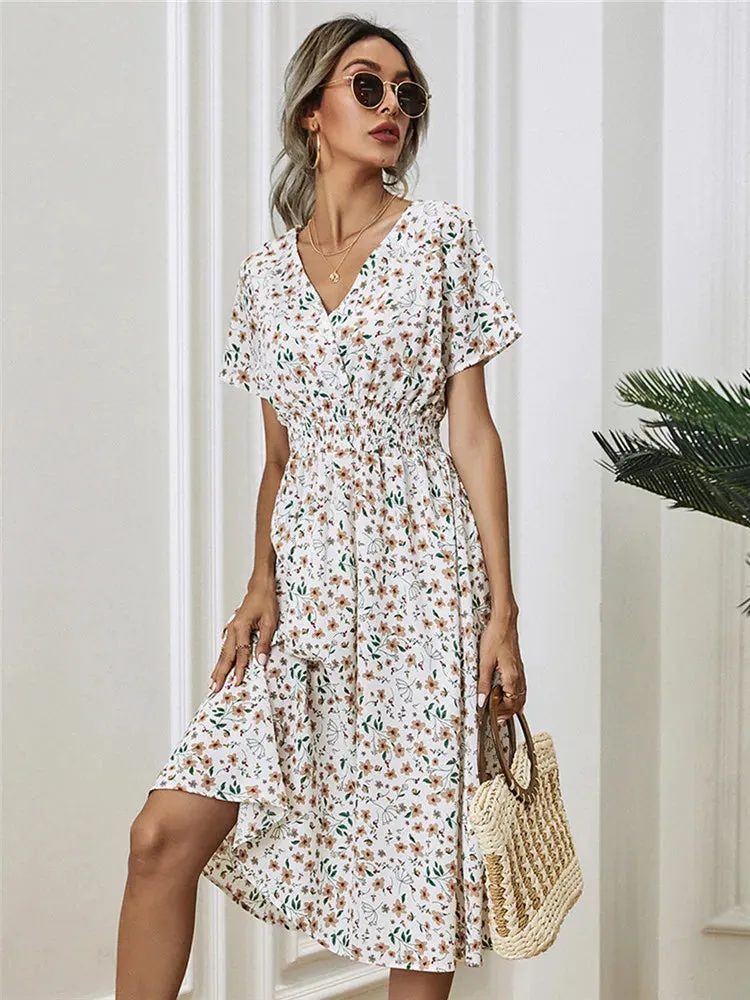 Summer 2024 Women's Floral Midi Dress - Long/Short Sleeve Elegant Chic Holiday Clothing