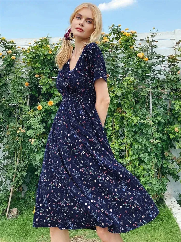 Summer 2024 Women's Floral Midi Dress - Long/Short Sleeve Elegant Chic Holiday Clothing