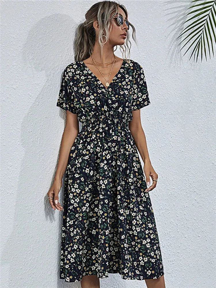 Summer 2024 Women's Floral Midi Dress - Long/Short Sleeve Elegant Chic Holiday Clothing