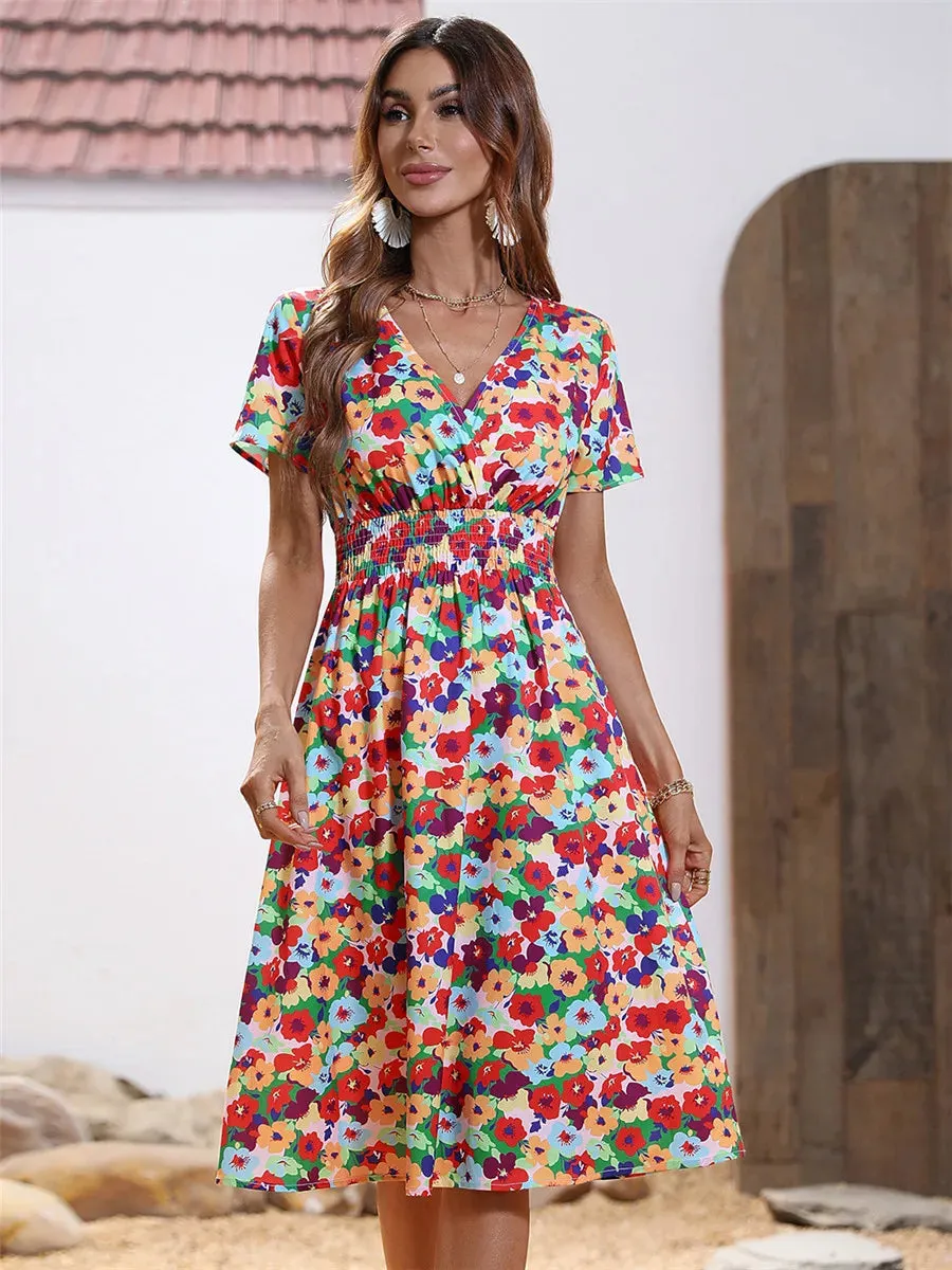 Summer 2024 Women's Floral Midi Dress - Long/Short Sleeve Elegant Chic Holiday Clothing