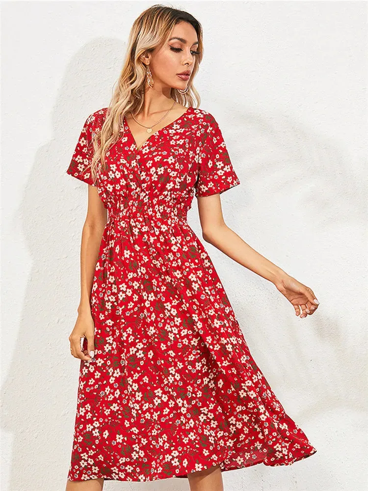 Summer 2024 Women's Floral Midi Dress - Long/Short Sleeve Elegant Chic Holiday Clothing