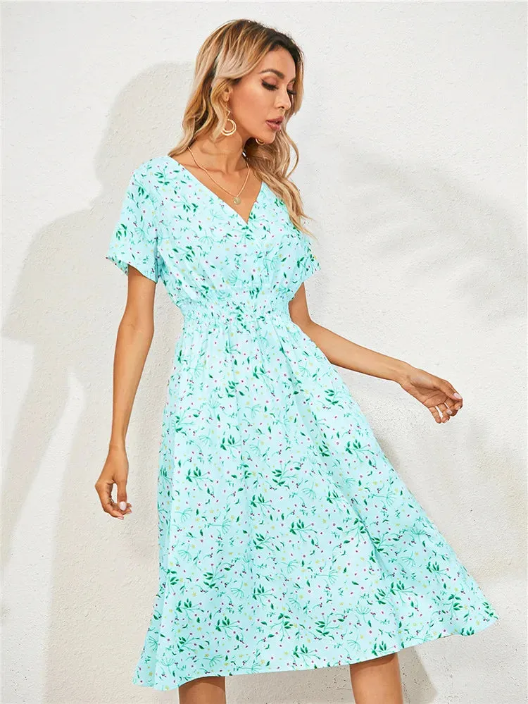 Summer 2024 Women's Floral Midi Dress - Long/Short Sleeve Elegant Chic Holiday Clothing