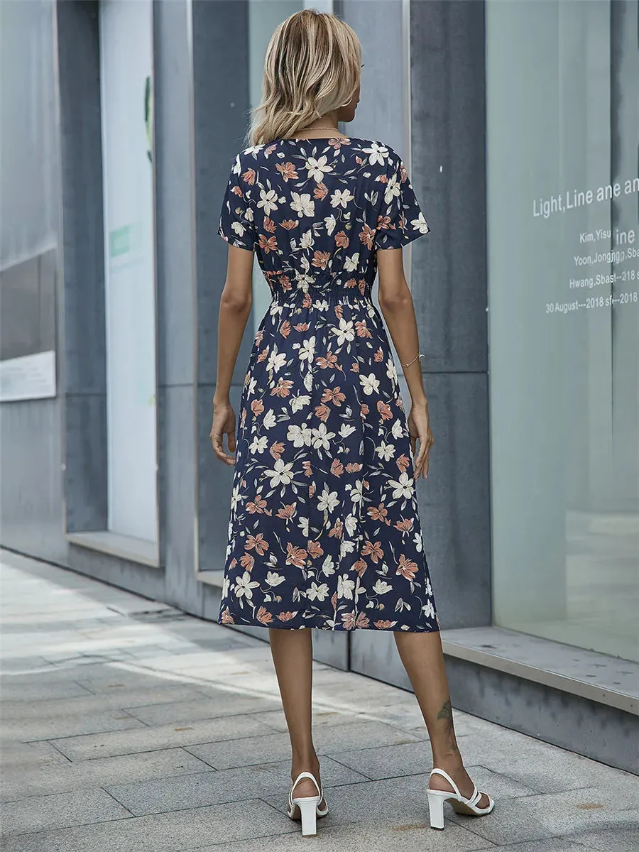 Summer 2024 Women's Floral Midi Dress - Long/Short Sleeve Elegant Chic Holiday Clothing