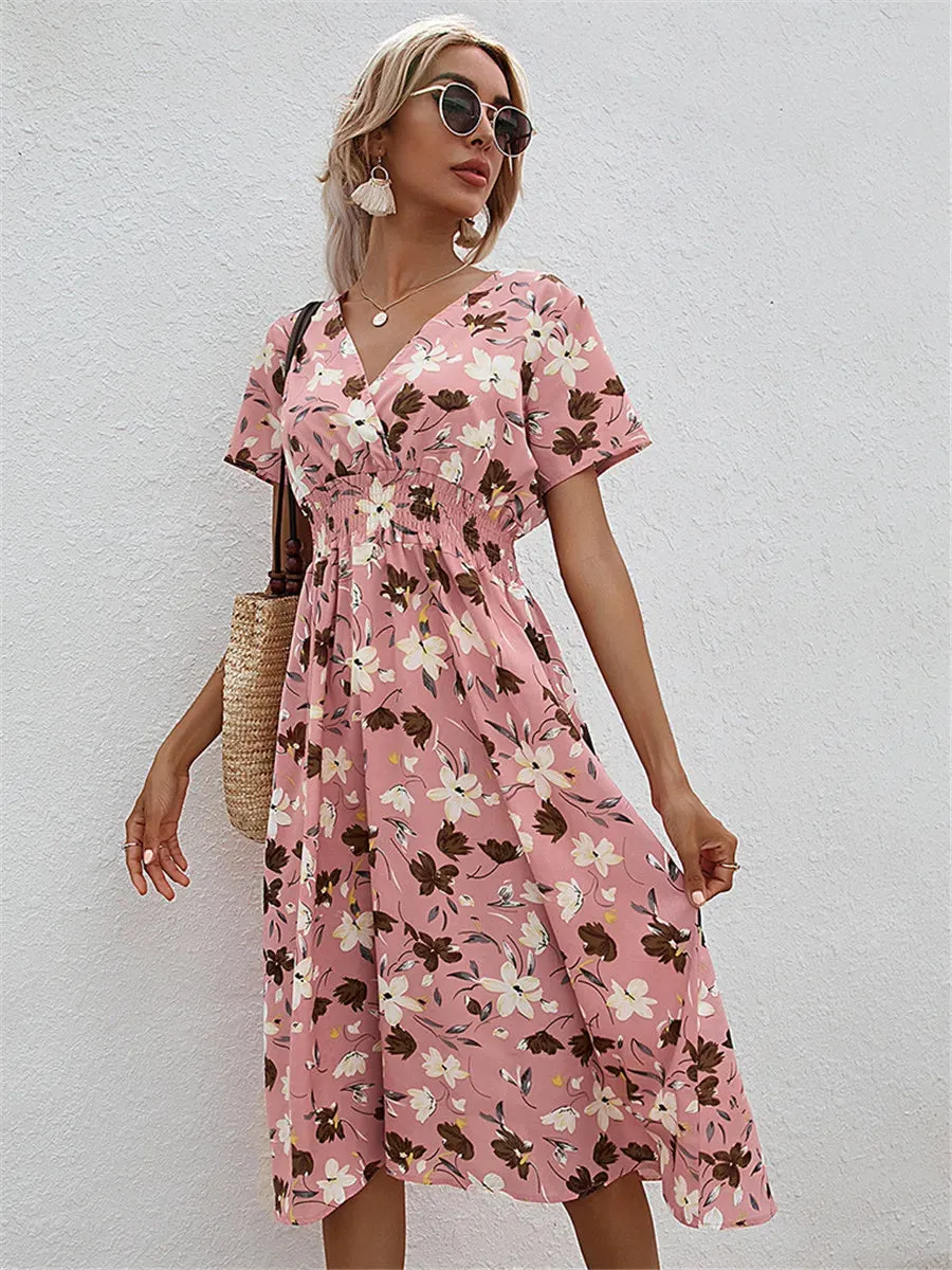 Summer 2024 Women's Floral Midi Dress - Long/Short Sleeve Elegant Chic Holiday Clothing