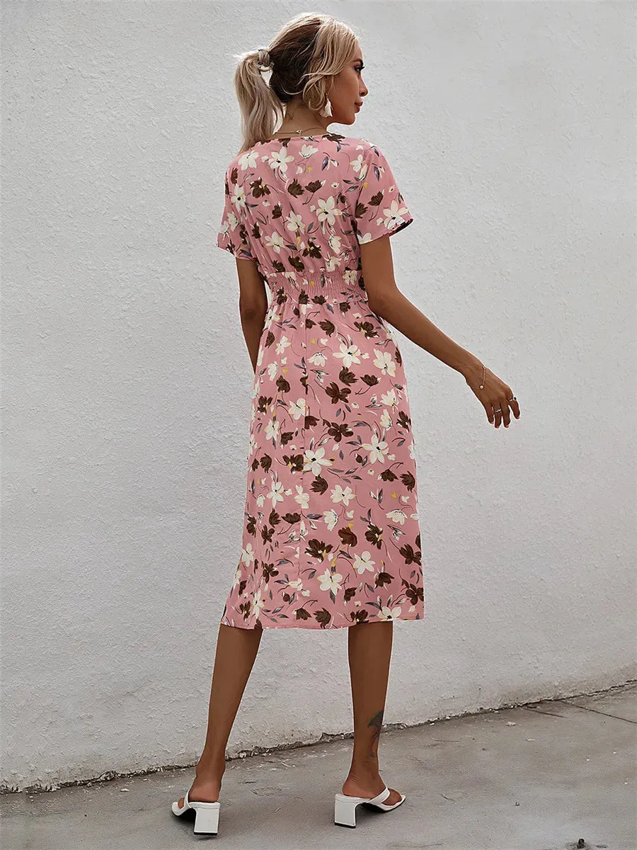 Summer 2024 Women's Floral Midi Dress - Long/Short Sleeve Elegant Chic Holiday Clothing