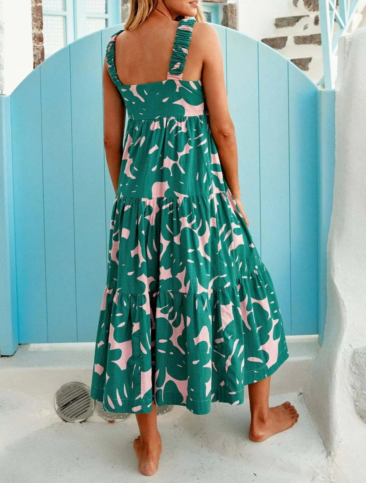 Summer Pleated Beach Holiday Strap Elegant A-Line Floral Printed Maxi Dress for Women