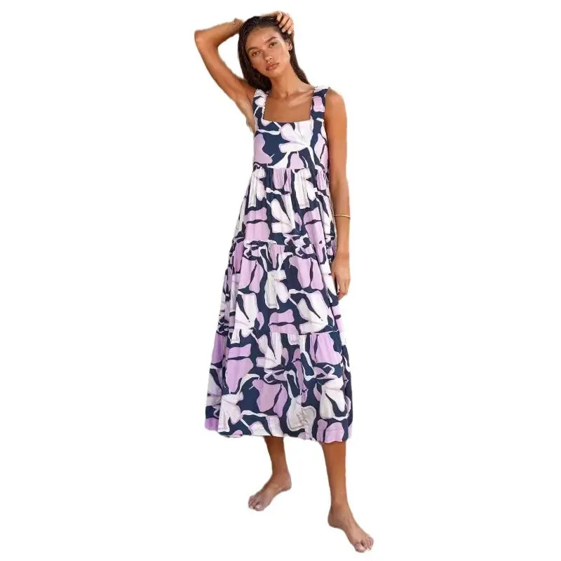 Summer Pleated Beach Holiday Strap Elegant A-Line Floral Printed Maxi Dress for Women