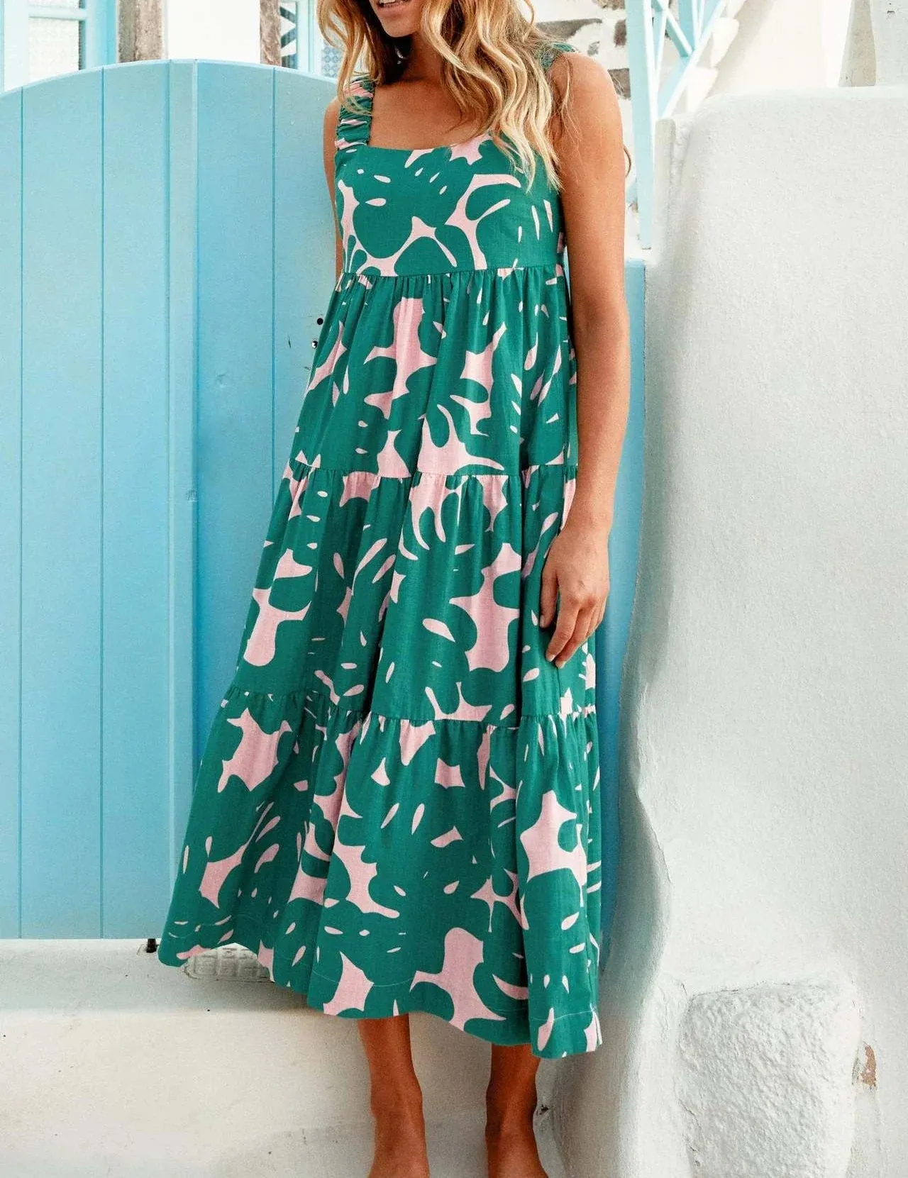 Summer Pleated Beach Holiday Strap Elegant A-Line Floral Printed Maxi Dress for Women