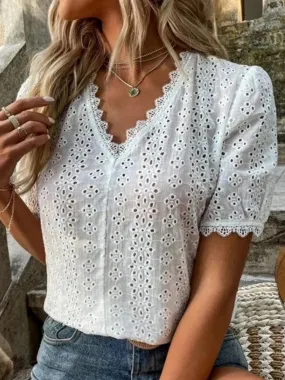 Summer Solid Puff Elegant Hollow Sleeve V-neck White Pullover Vintage Lace Top