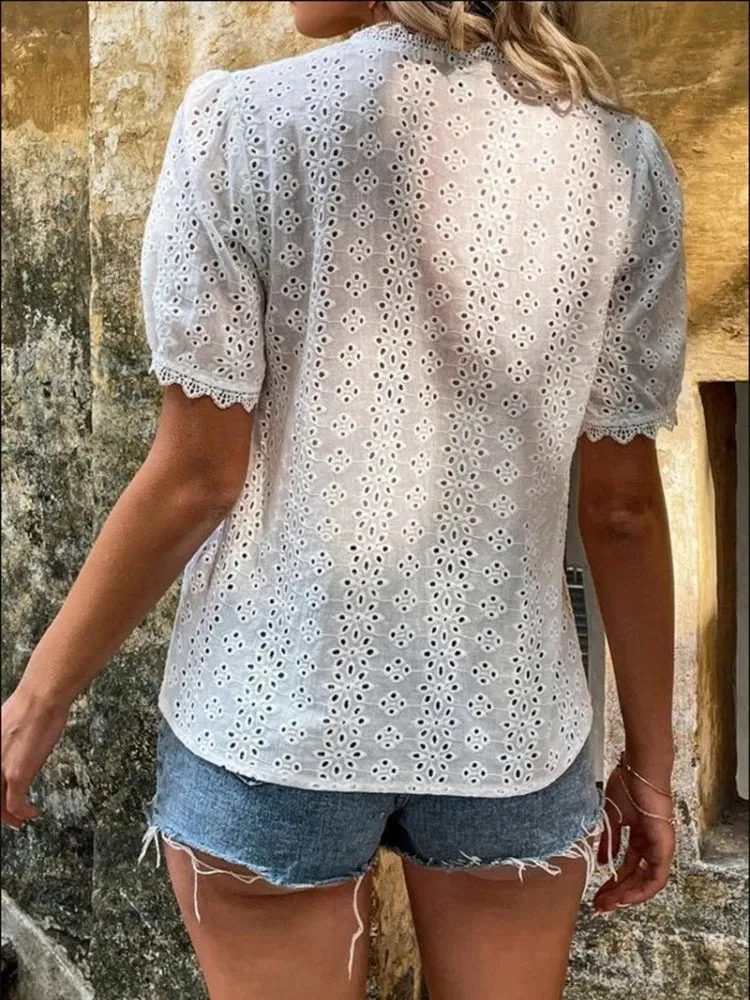 Summer Solid Puff Elegant Hollow Sleeve V-neck White Pullover Vintage Lace Top