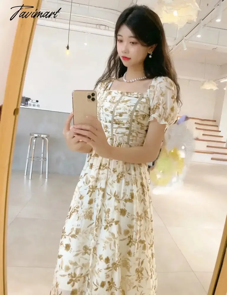 Tavimart France Floral Print Dress Women Summer Elegant Party Midi Dress Casual Puff Sleeve Holiday Lady Dedigner Chic Korean Dress