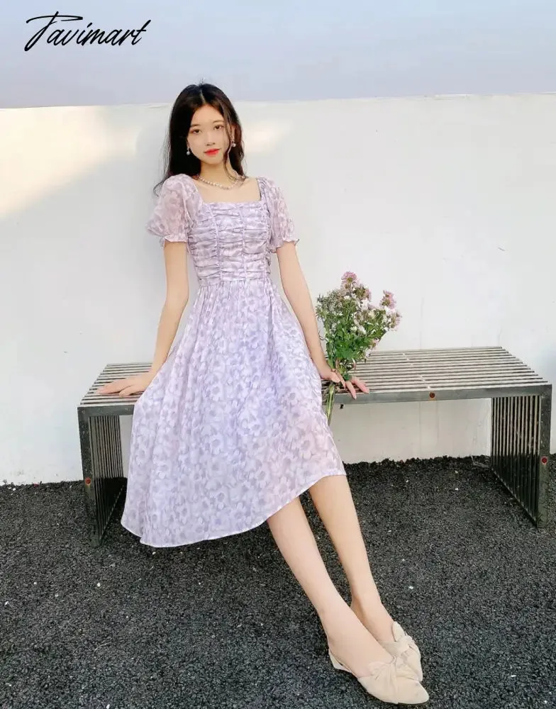 Tavimart France Floral Print Dress Women Summer Elegant Party Midi Dress Casual Puff Sleeve Holiday Lady Dedigner Chic Korean Dress