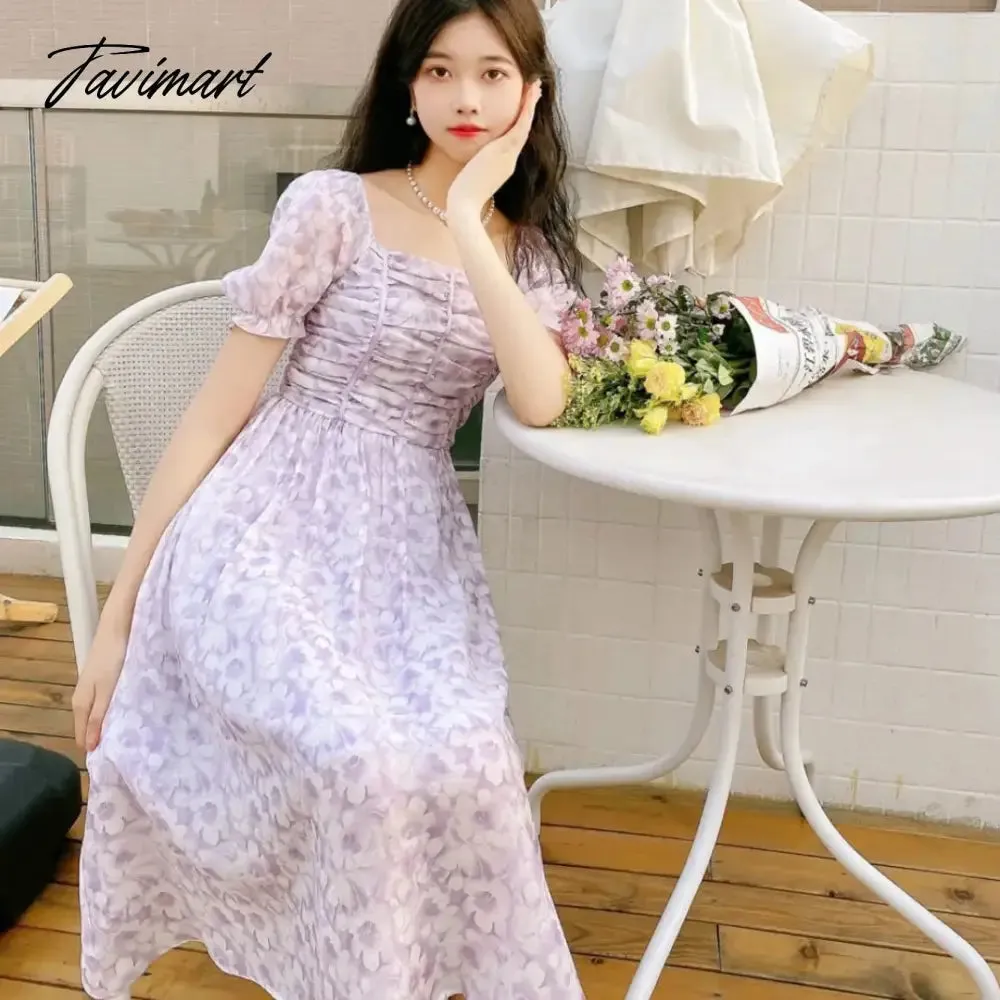 Tavimart France Floral Print Dress Women Summer Elegant Party Midi Dress Casual Puff Sleeve Holiday Lady Dedigner Chic Korean Dress