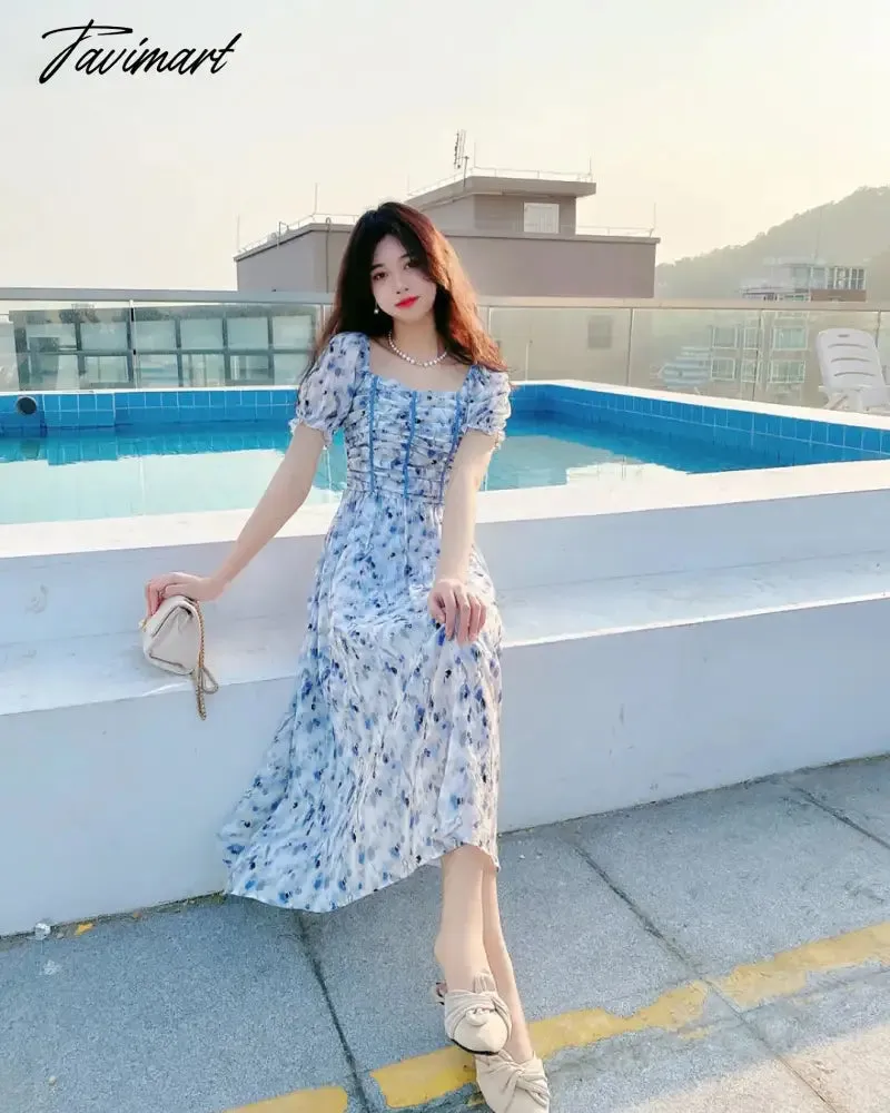 Tavimart France Floral Print Dress Women Summer Elegant Party Midi Dress Casual Puff Sleeve Holiday Lady Dedigner Chic Korean Dress