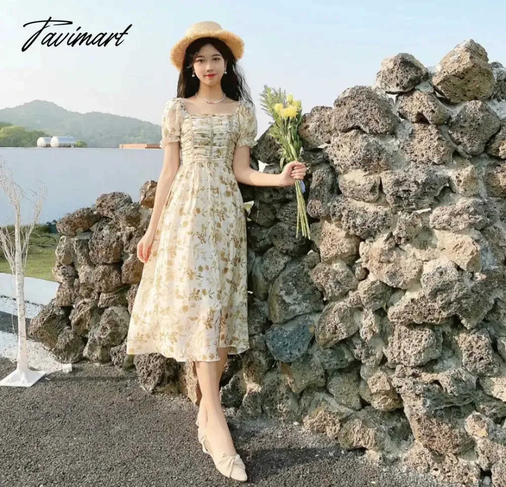 Tavimart France Floral Print Dress Women Summer Elegant Party Midi Dress Casual Puff Sleeve Holiday Lady Dedigner Chic Korean Dress