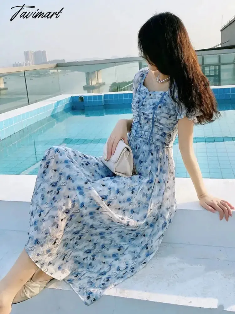 Tavimart France Floral Print Dress Women Summer Elegant Party Midi Dress Casual Puff Sleeve Holiday Lady Dedigner Chic Korean Dress