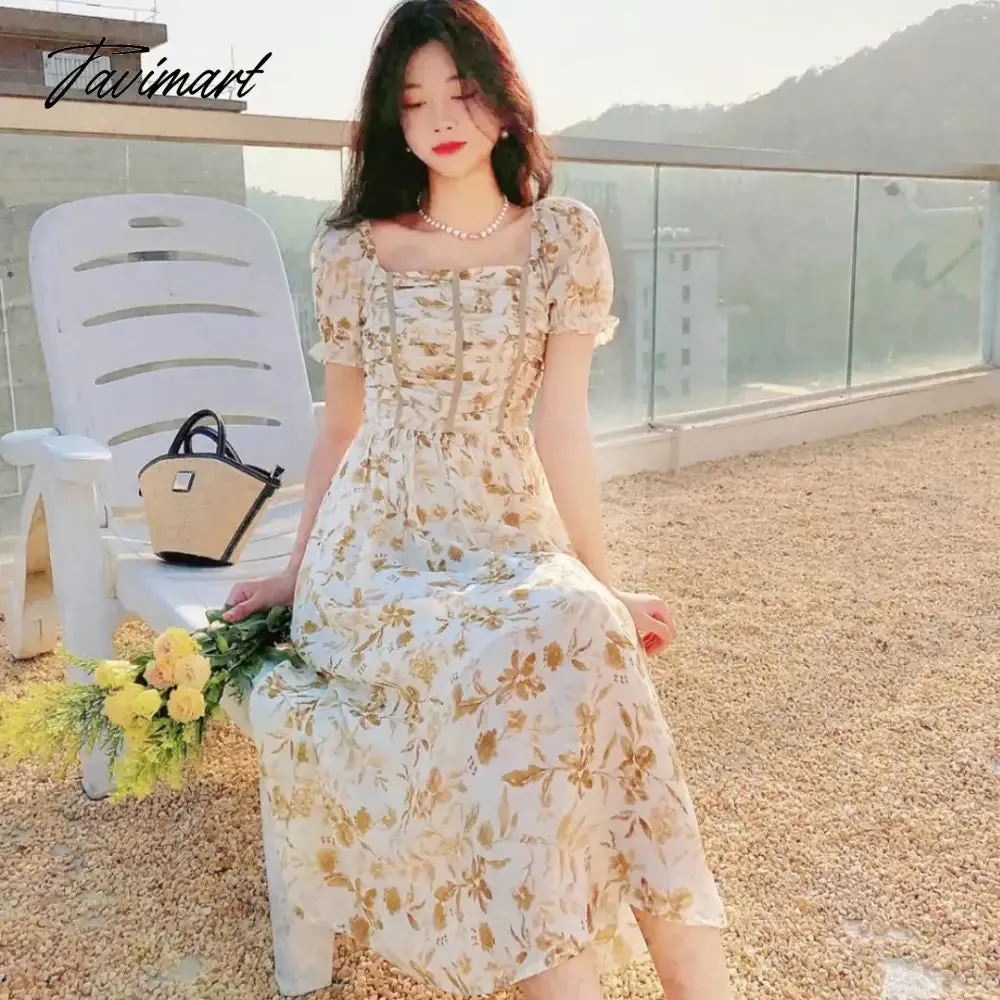 Tavimart France Floral Print Dress Women Summer Elegant Party Midi Dress Casual Puff Sleeve Holiday Lady Dedigner Chic Korean Dress