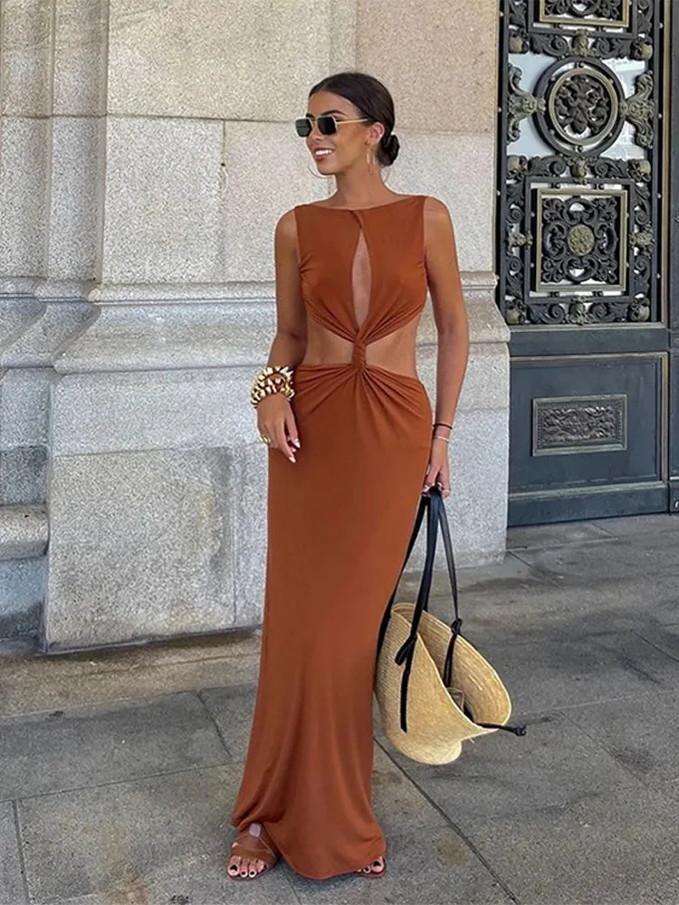 TAVIMART  -  Sexy Backless Solid Long Dress Women Pleated Hollow Out Sleeveless Hip Package Party Dresses 2024 Summer New Lady Evening Robe