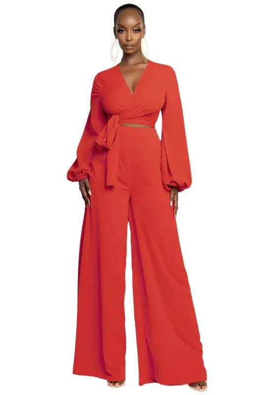 TEEK - ORANGE RED TWO PIECE FLARED PANT SET