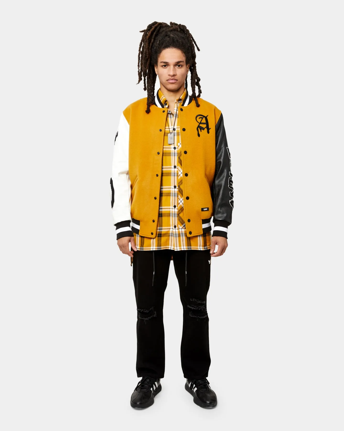 The Anti Order Corvus Leather Varsity Jacket Mustard/Black/White