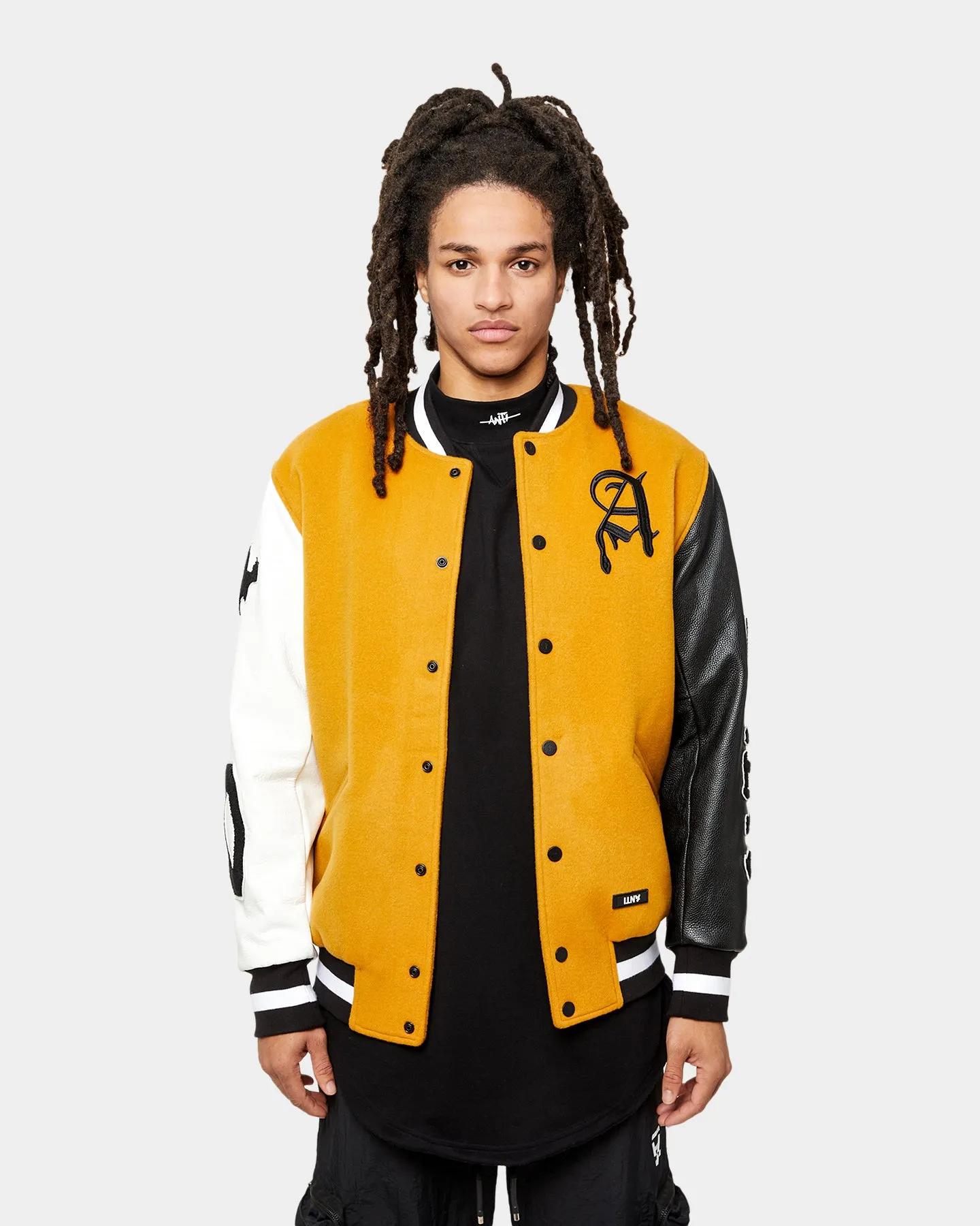 The Anti Order Corvus Leather Varsity Jacket Mustard/Black/White