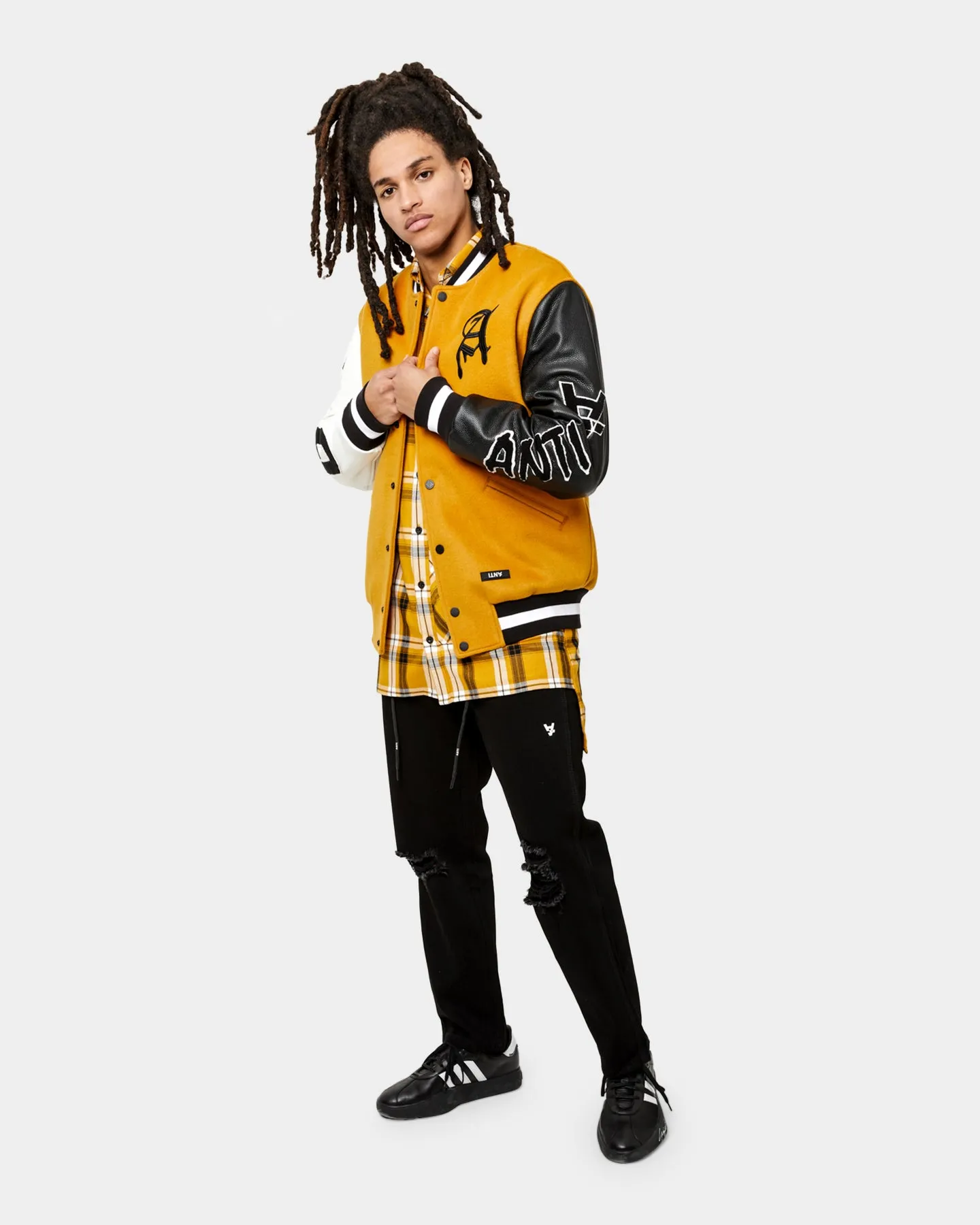 The Anti Order Corvus Leather Varsity Jacket Mustard/Black/White