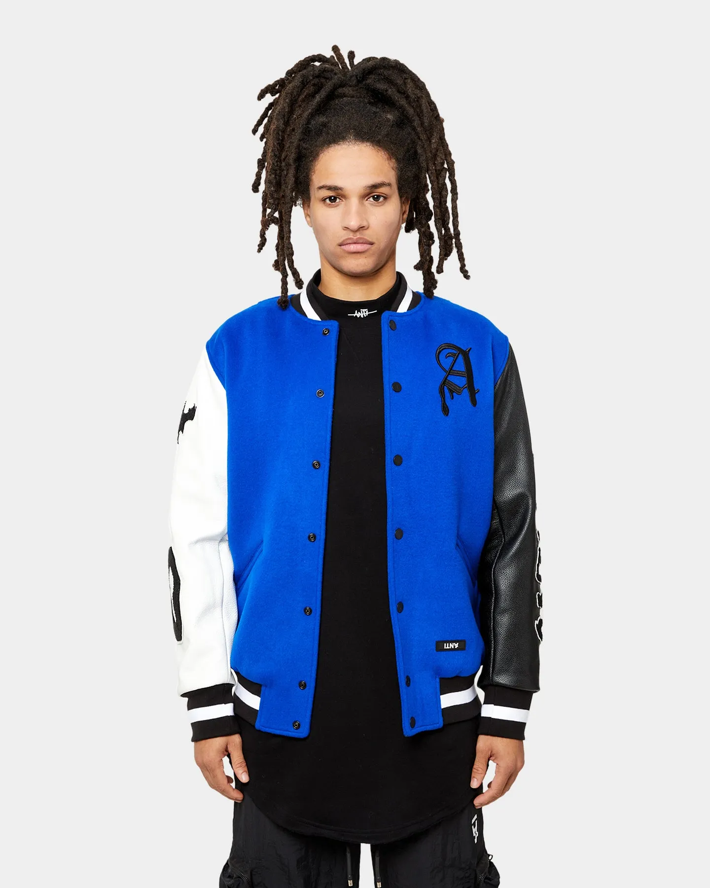 The Anti Order Corvus Leather Varsity Jacket Royal/Black/White