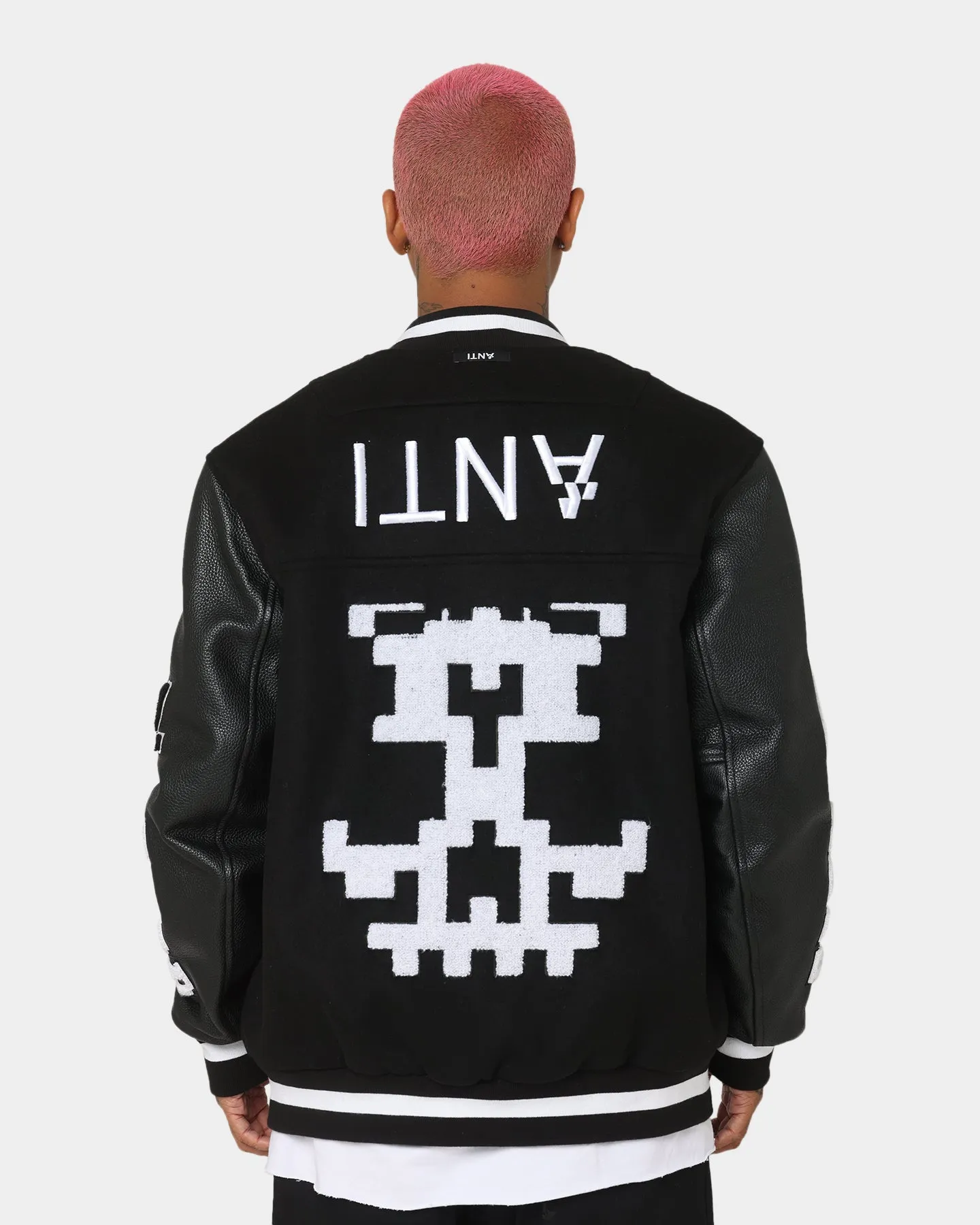 The Anti Order Dead Pixel Leather Varsity Jacket Black/White