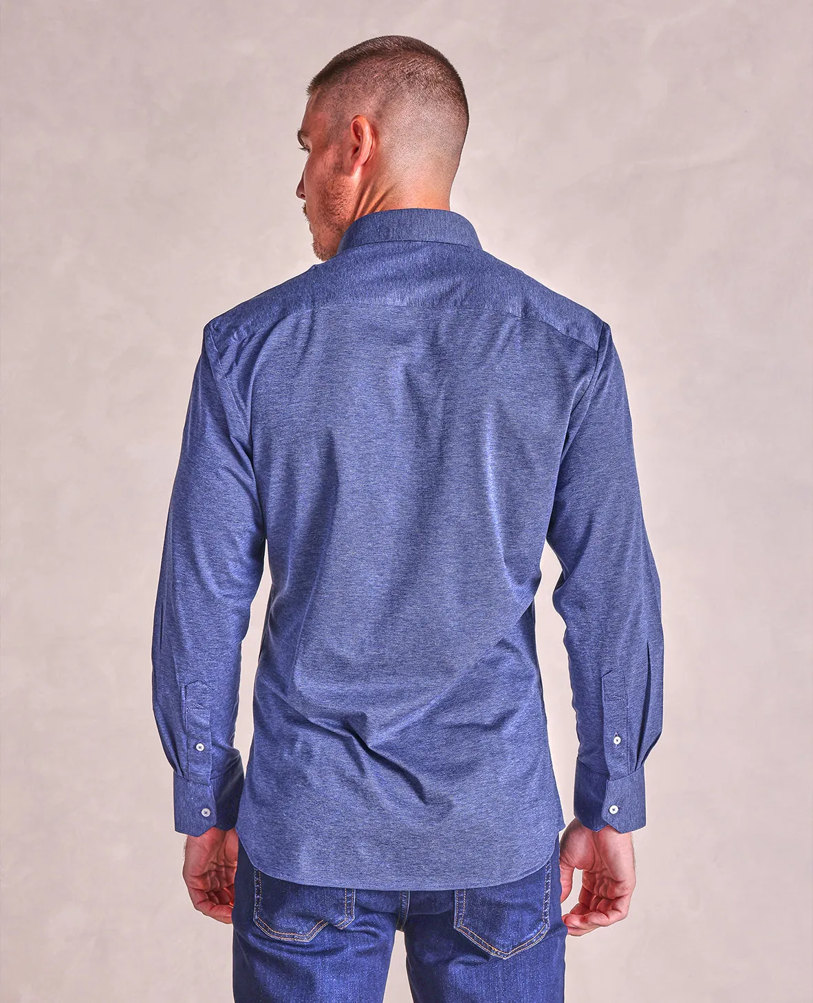 The Hayden - LS Melange Pique Knit Shirt - Blue Smoke